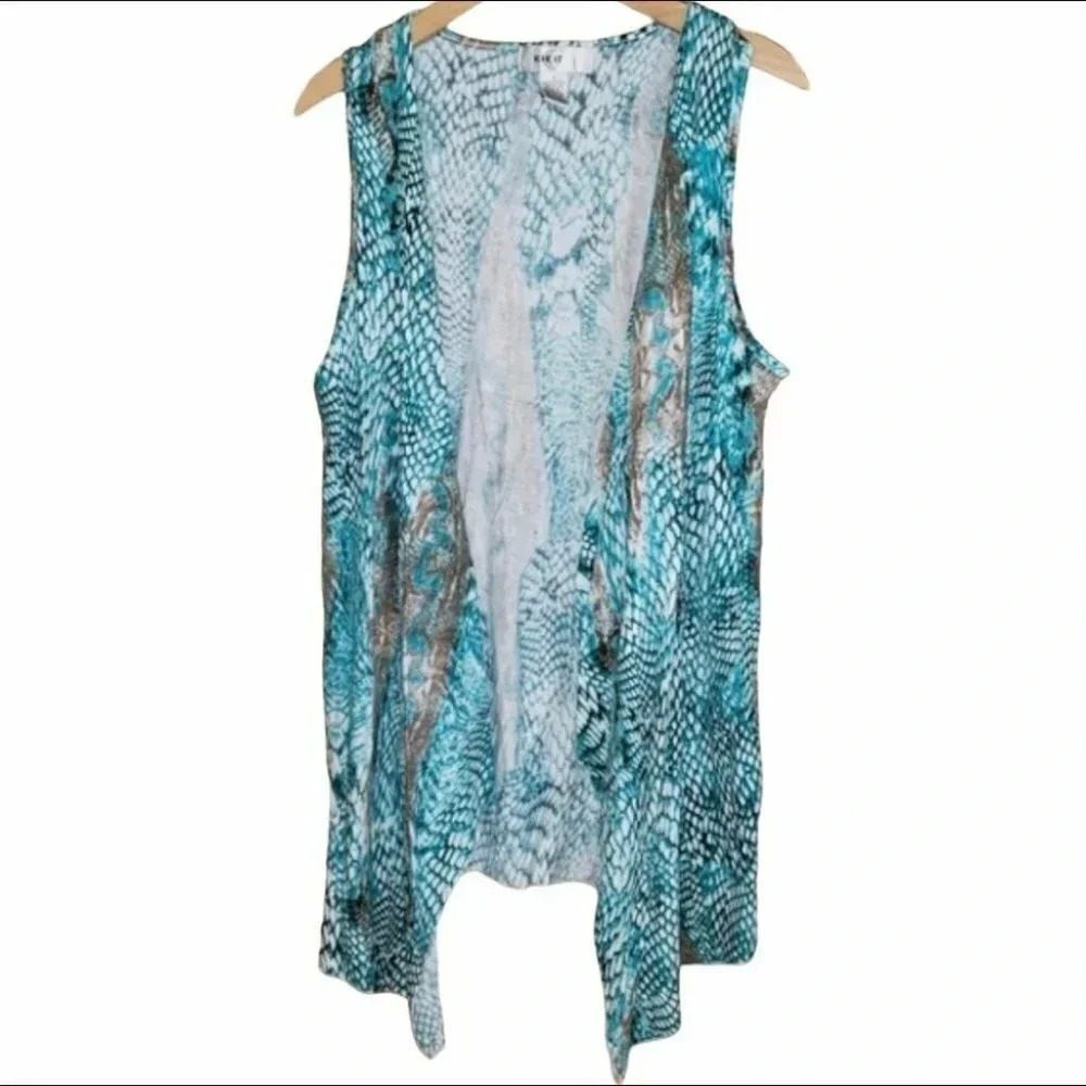 KIKIT Open Front Vest Large Teal Snakeskin‎ Print Sleeveless Sharkbite Hem Boho